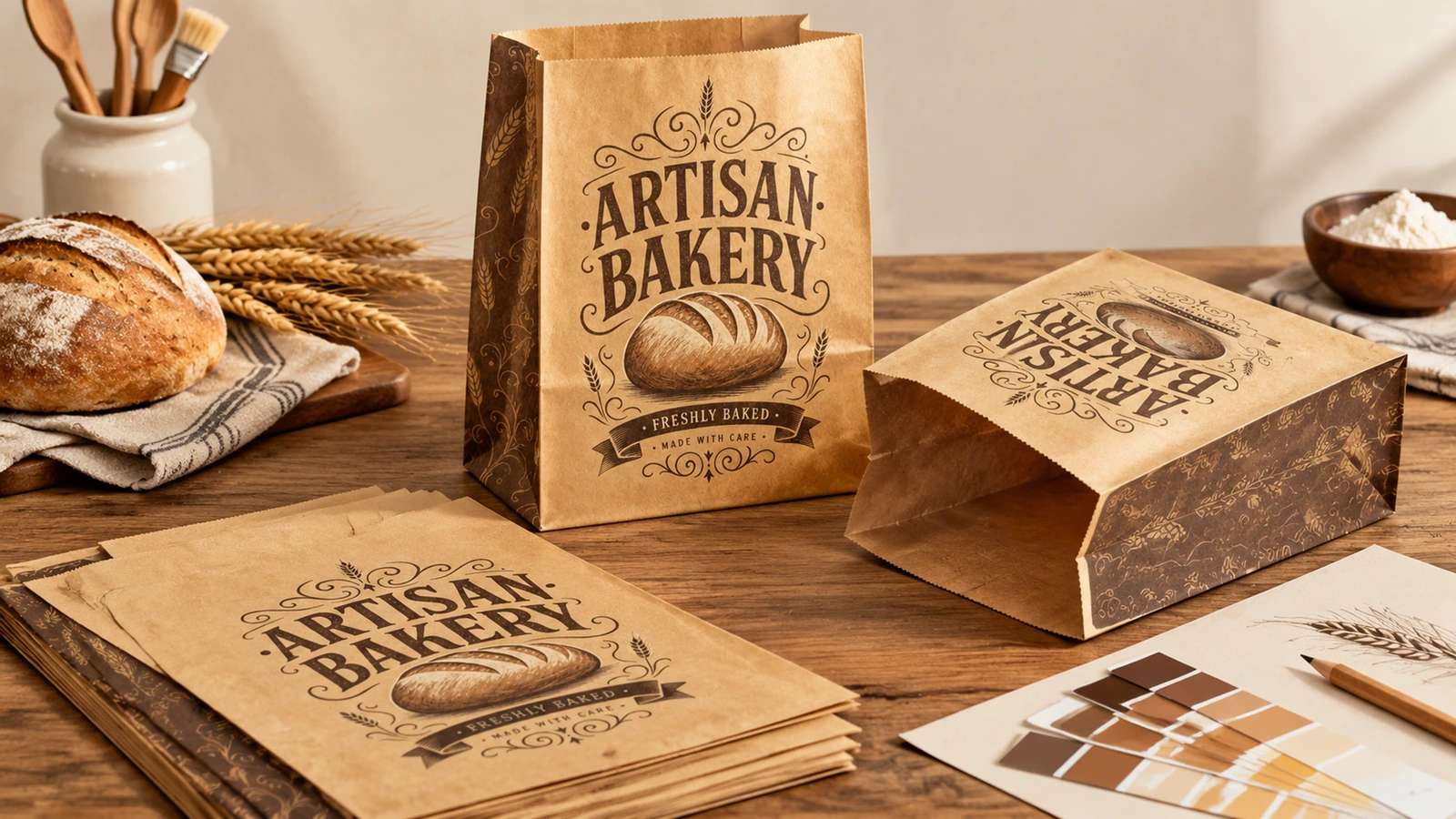 Adapte los requisitos de la bolsa de pastelería al alimento y al escenario para llevar Escena ilustrativa de compra para pastelería con muestras de bolsas de papel impresas junto a productos de pastelería