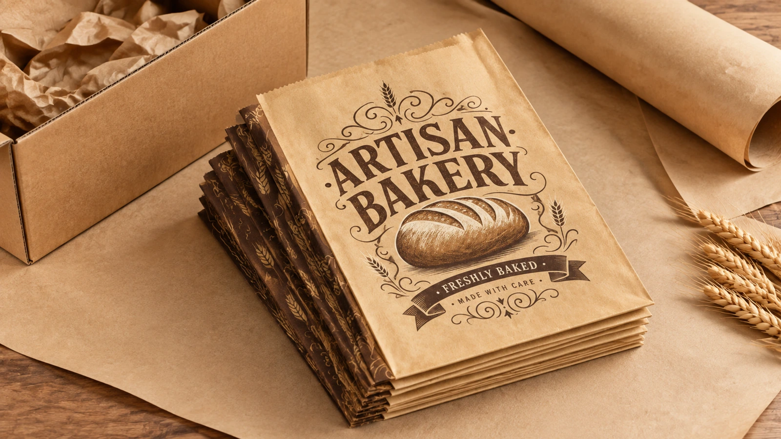 Bolsas de panadería planas y materiales de embalaje Pila de bolsas planas ARTISAN BAKERY junto a una caja de cartón, papel de embalaje y trigo