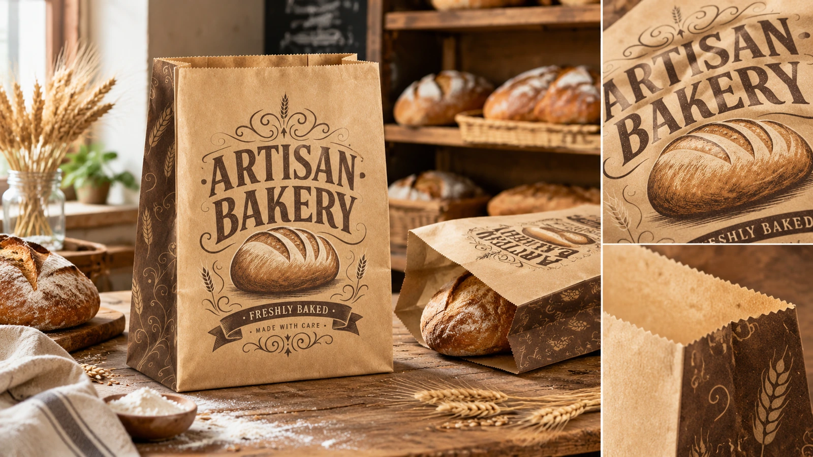 Detalles de la impresión y la apertura de bolsas de panadería Expositor de bolsas de panadería impresas, con primeros planos del gráfico y de la apertura dentada