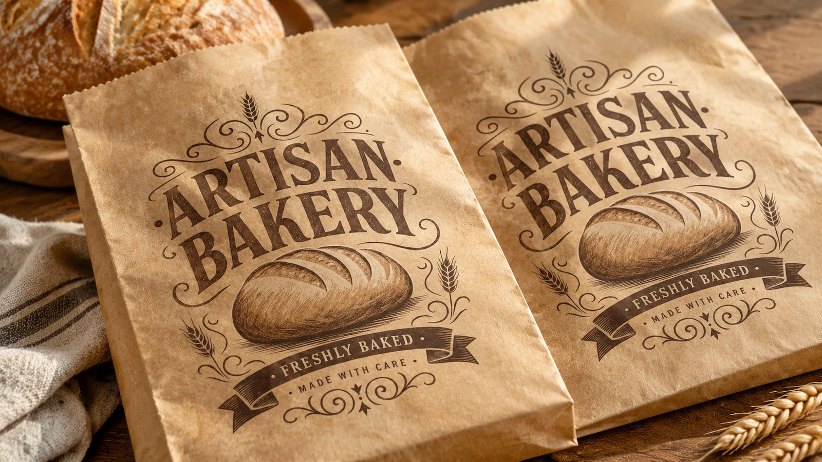 Bolsas de panadería junto al pan Dos bolsas marrones ARTISAN BAKERY junto a pan y trigo
