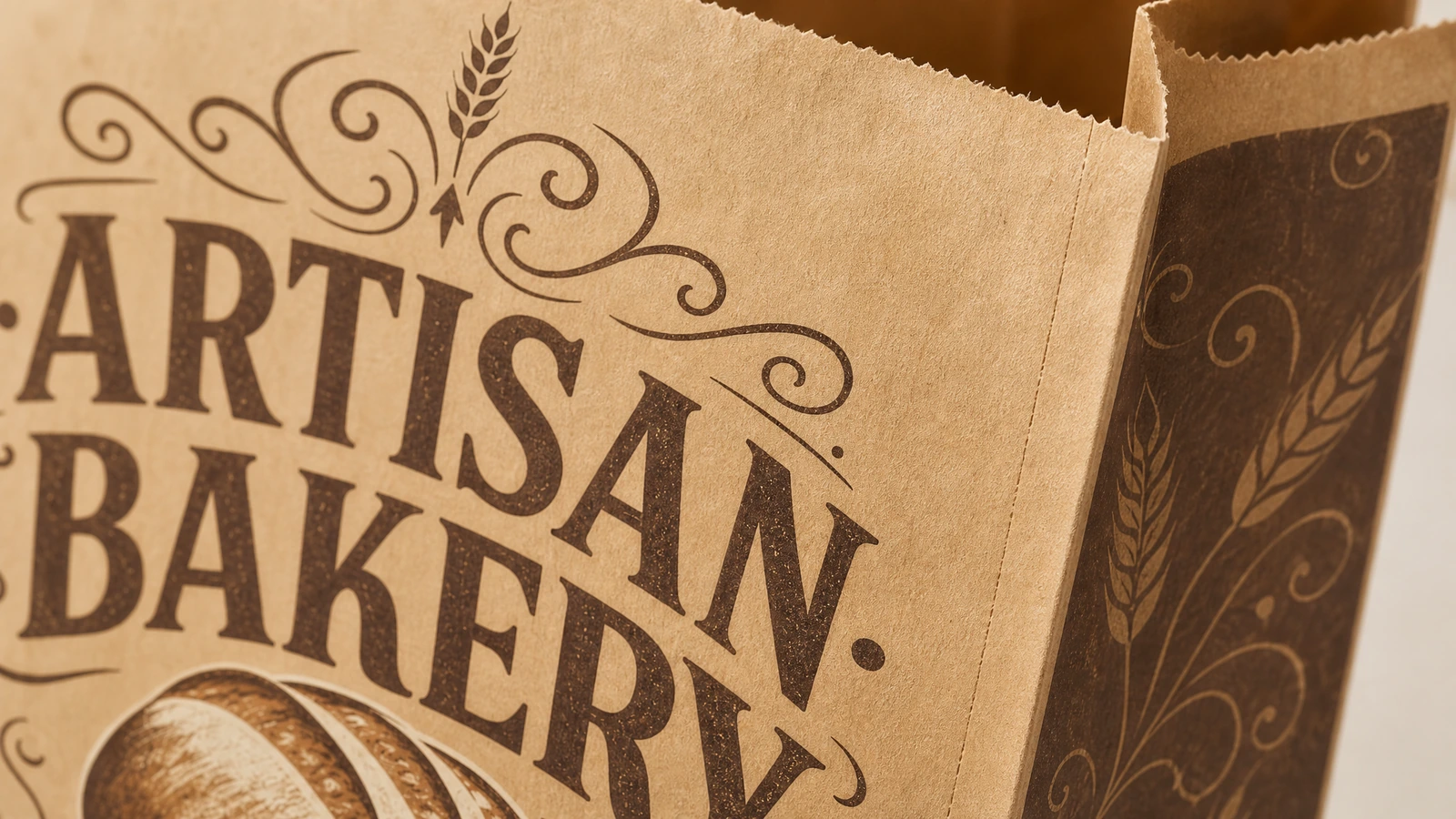 Detalle de la impresión y la apertura de la bolsa de panadería Primer plano de la impresión de ARTISAN BAKERY y de la apertura dentada de una bolsa