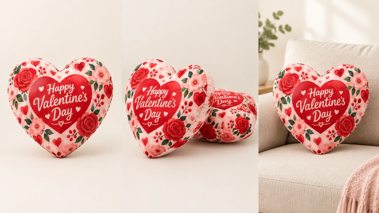 Collage de almohadas florales de corazón de San Valentín en varias posiciones de exhibición