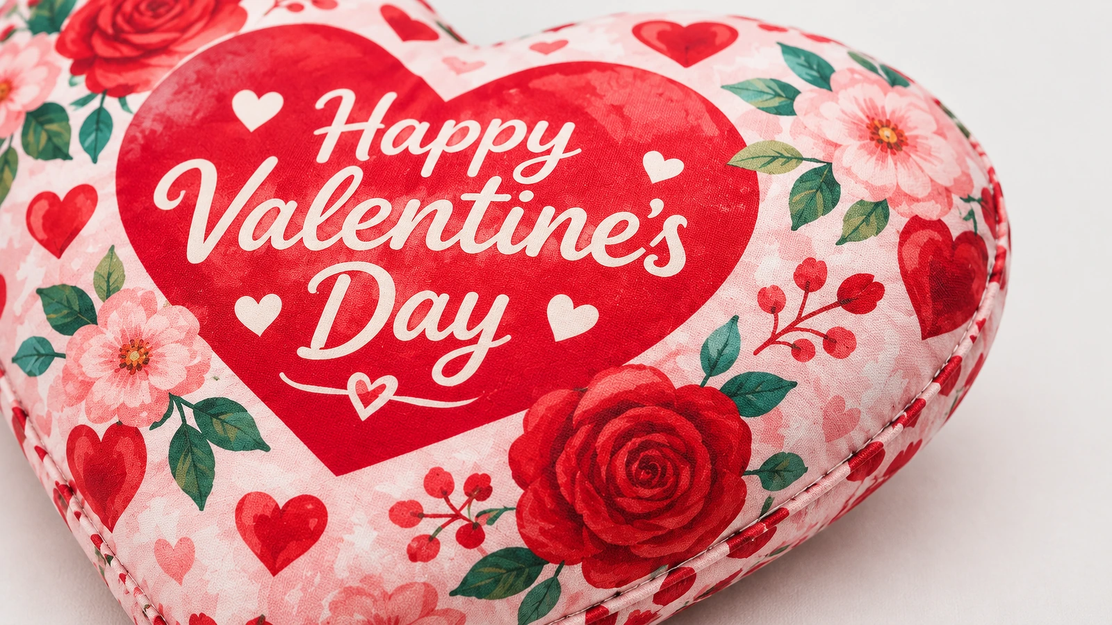 Primer plano de una almohada floral en forma de corazón con un mensaje de San Valentín impreso