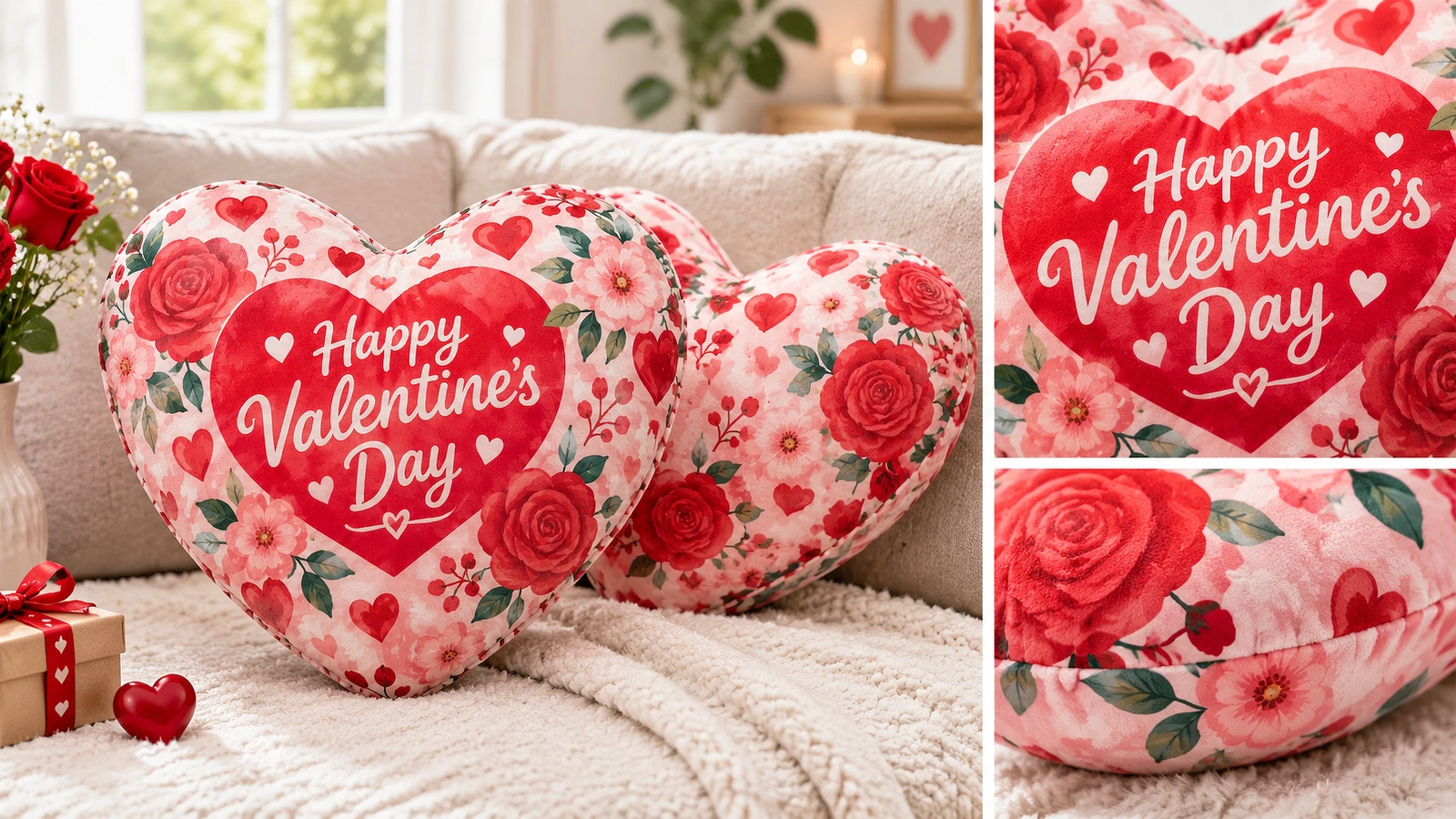 Exhibición en sofá de almohadas florales de corazón con primeros planos del mensaje y la costura