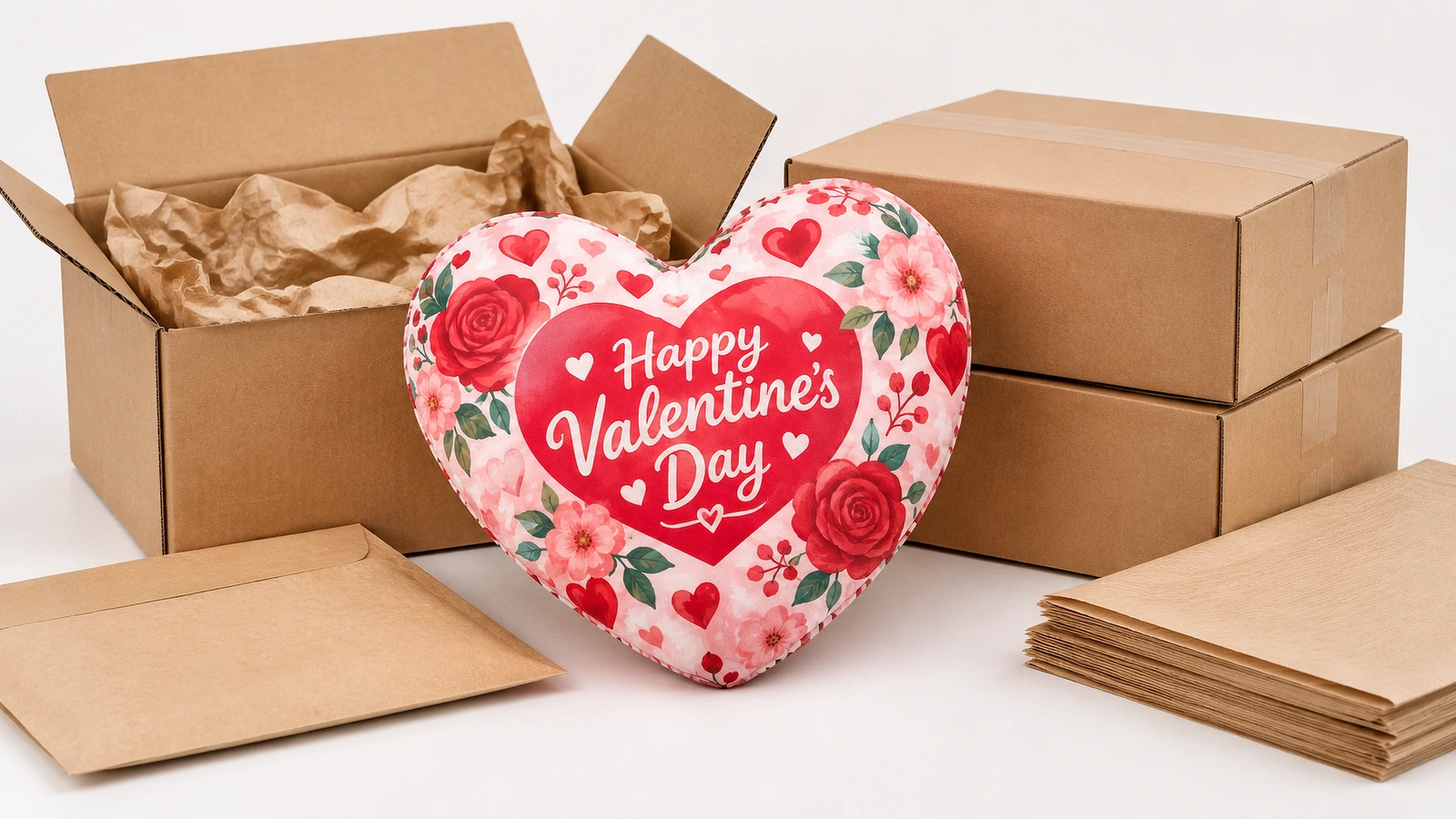 Almohada de corazón de San Valentín junto a cajas de cartón y materiales de embalaje de papel