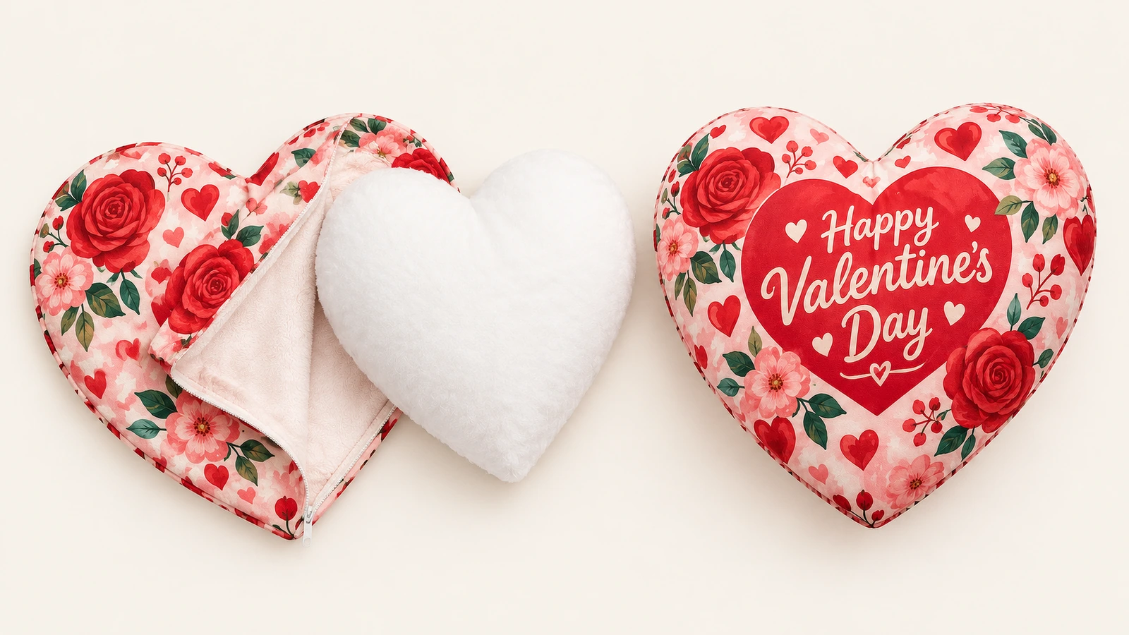 Funda impresa de almohada en forma de corazón, inserto blanco en forma de corazón y almohada rellena de San Valentín