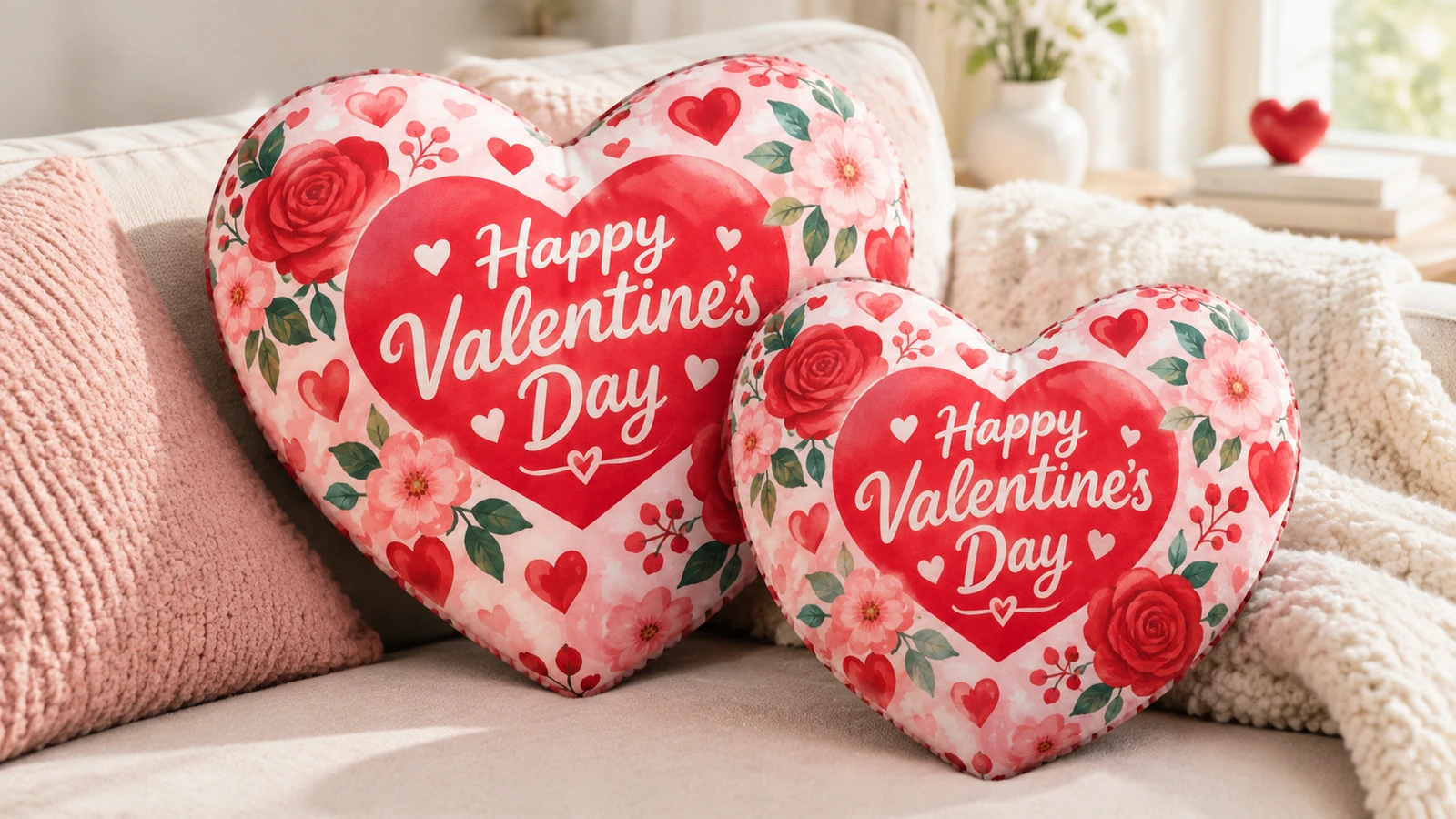 Dos almohadas florales de corazón de San Valentín exhibidas en un sofá