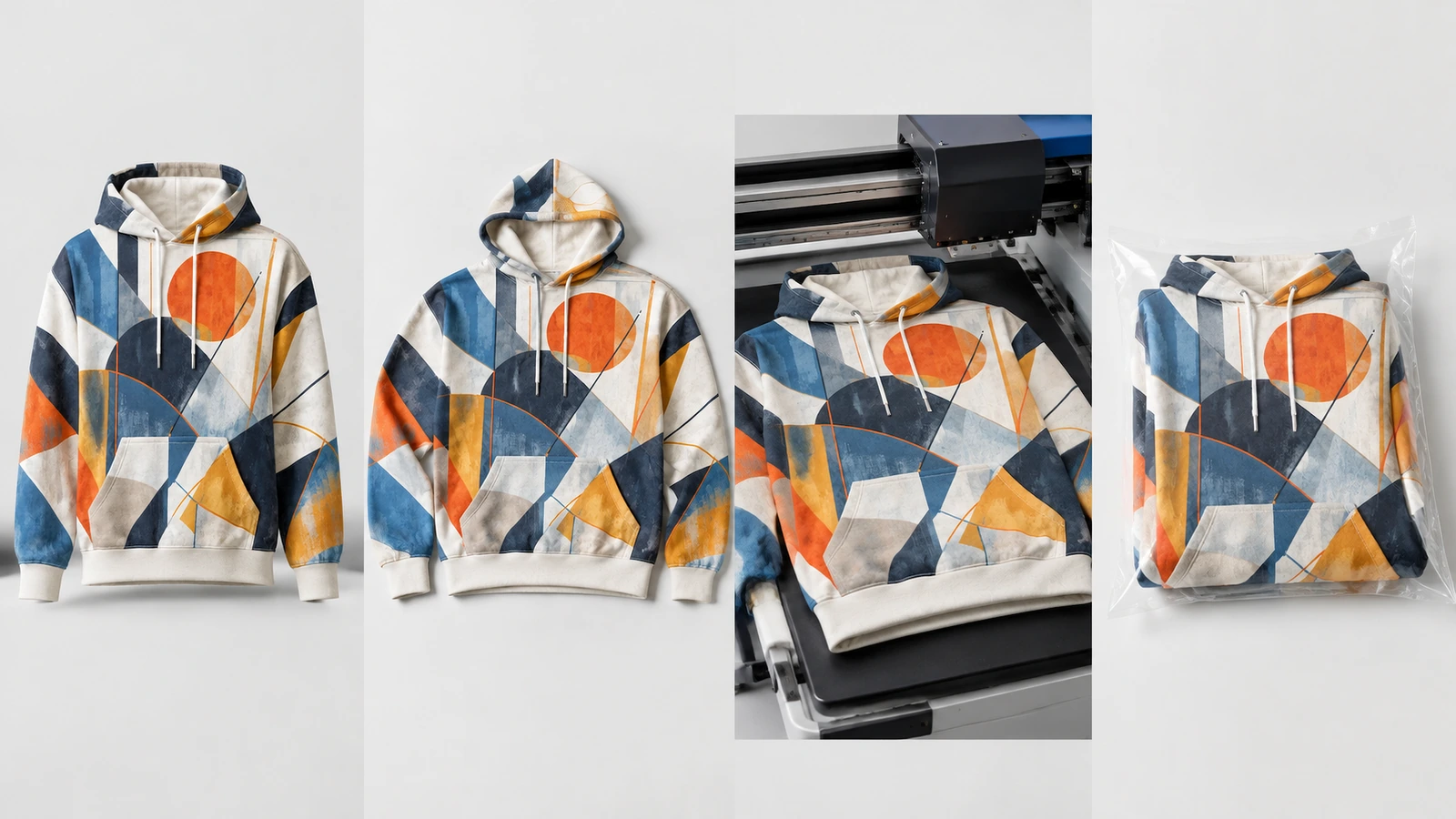 Collage de sudaderas con capucha geométricas mostradas de pie, planas, dobladas y colocadas bajo el equipo de estampado