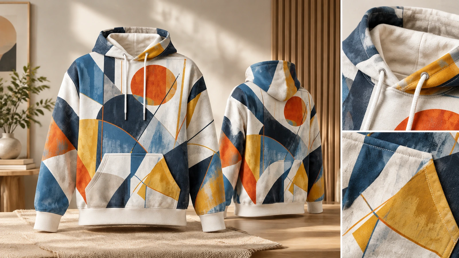 Vistas frontal y trasera de una sudadera con capucha geométrica, con primeros planos de la capucha y el bolsillo