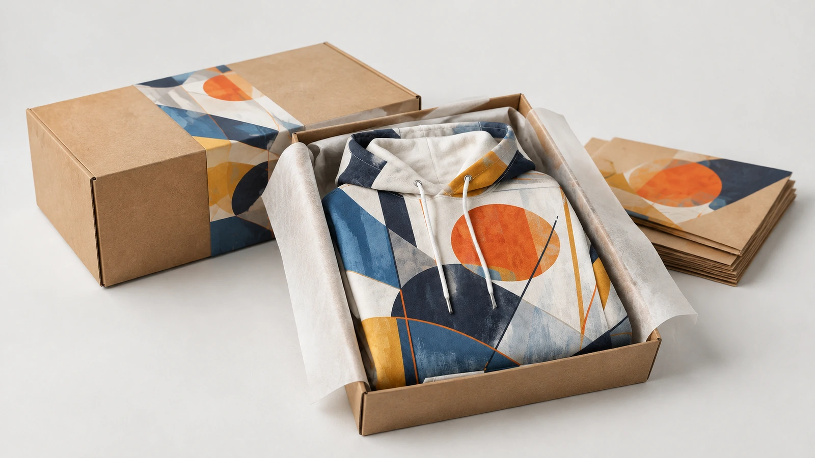 Sudadera con capucha geométrica doblada en una caja de cartón forrada con papel de seda, junto a un embalaje estampado a juego