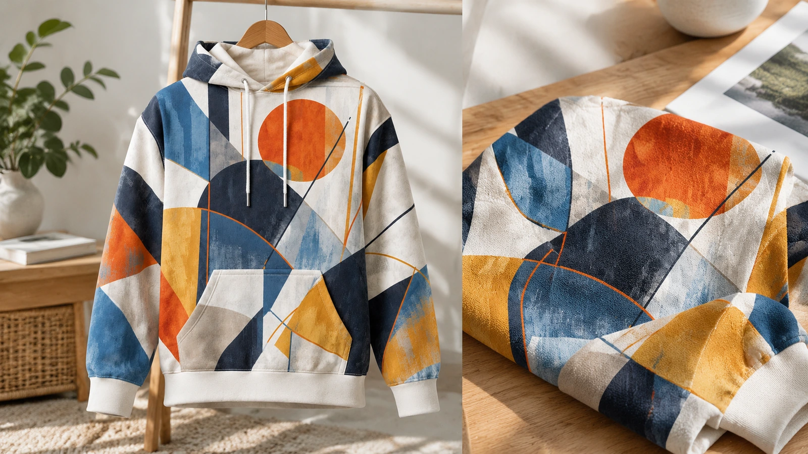 Sudadera con capucha geométrica en una percha junto a un primer plano de la manga estampada