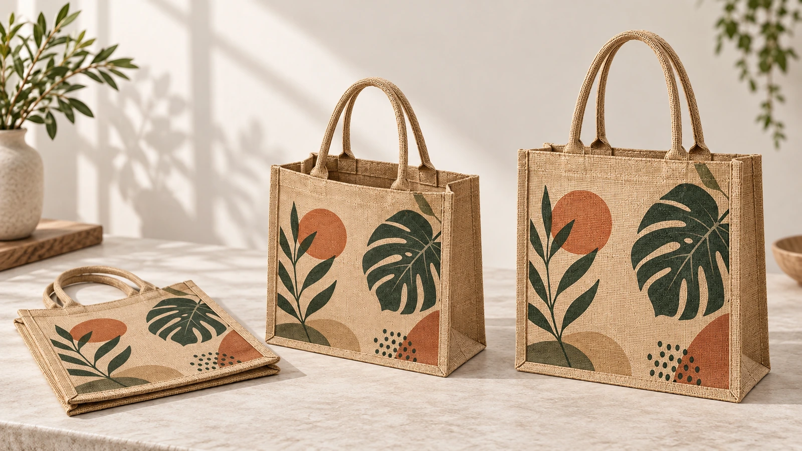Bolsas tote de yute impresas en dos tamaños junto a una bolsa plegada
