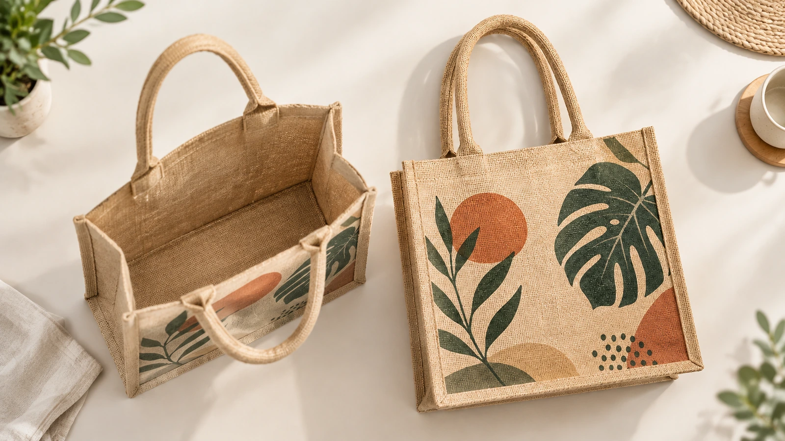 Bolsas tote de yute a juego vistas abiertas desde arriba y planas, con el diseño impreso visible