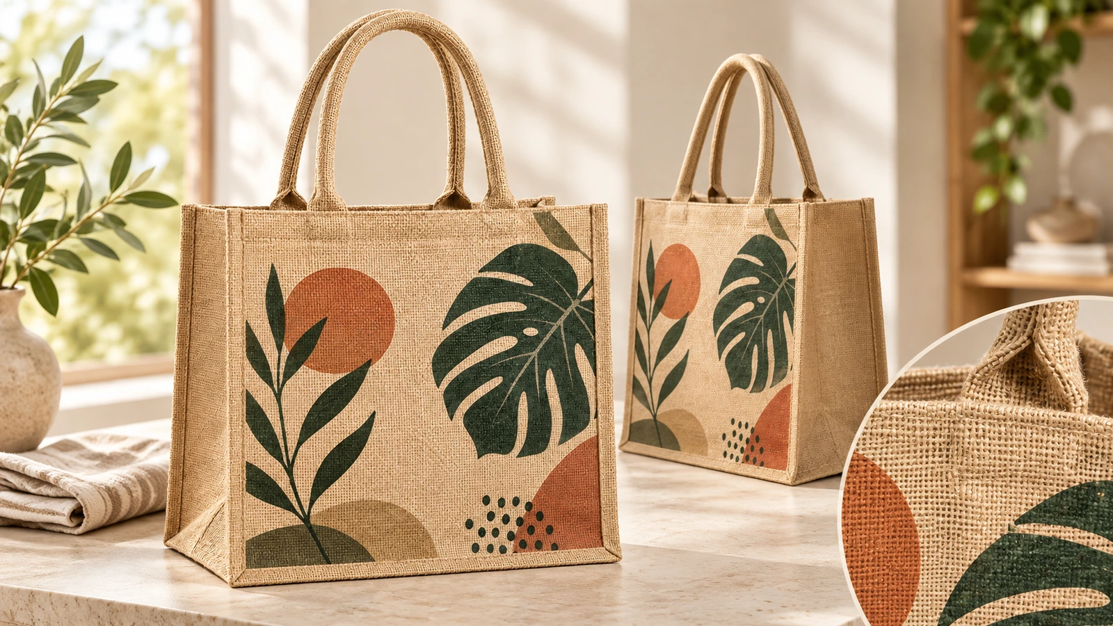 Collage de dos bolsas tote de yute impresas con un primer plano circular del tejido y el diseño
