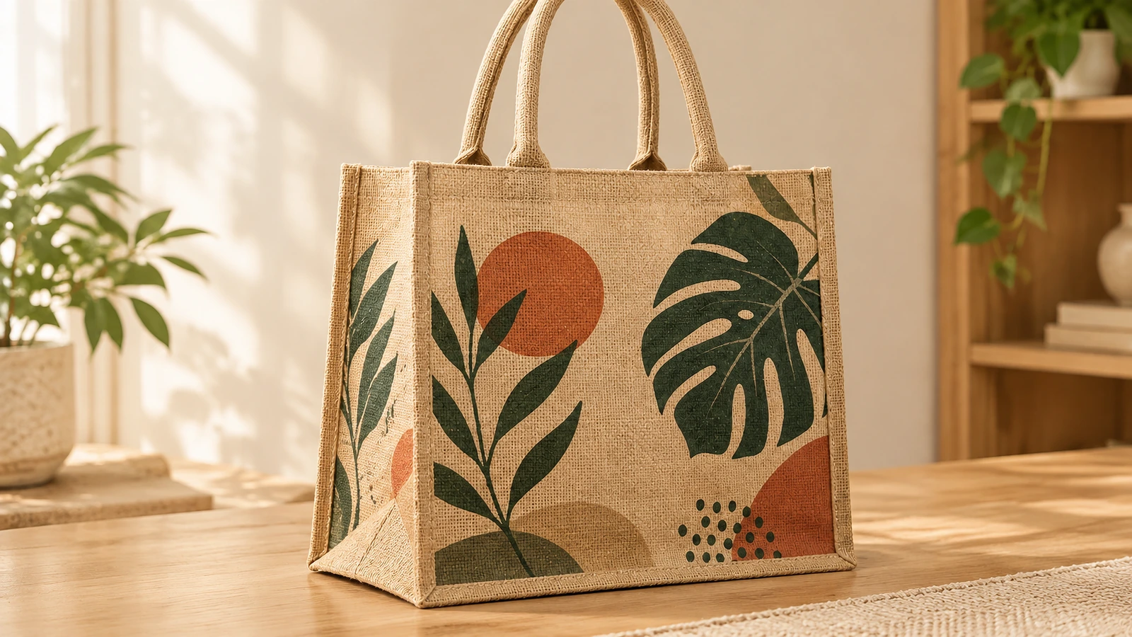 Bolsa tote de yute impresa sobre una mesa de madera cerca de una ventana