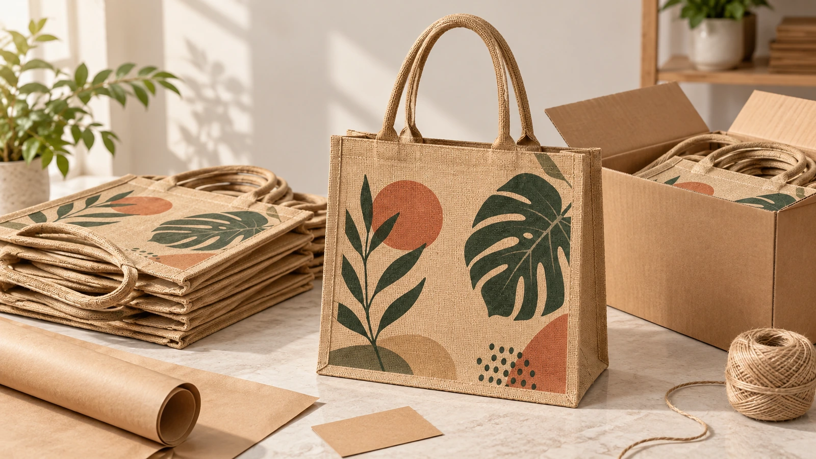 Bolsas tote de yute impresas apiladas y empaquetadas junto a una caja abierta, papel kraft y cordel