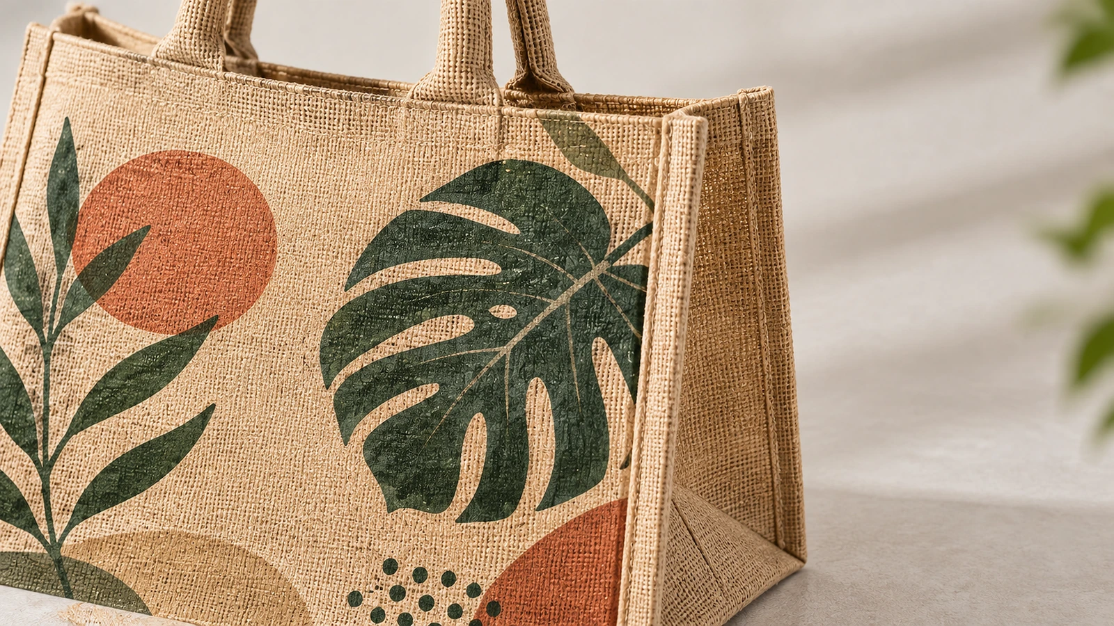 Primer plano de una bolsa tote de yute con diseño de hoja verde, textura tejida y fuelle lateral