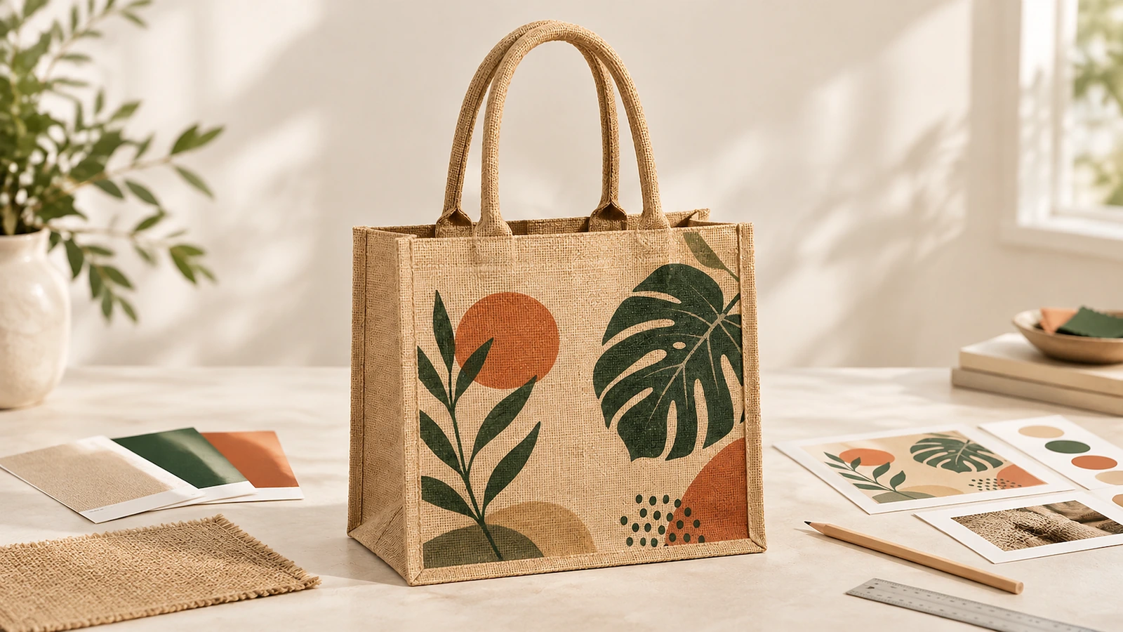 Bolsa tote de yute con diseño de hoja verde y terracota junto a muestras de tela y de color