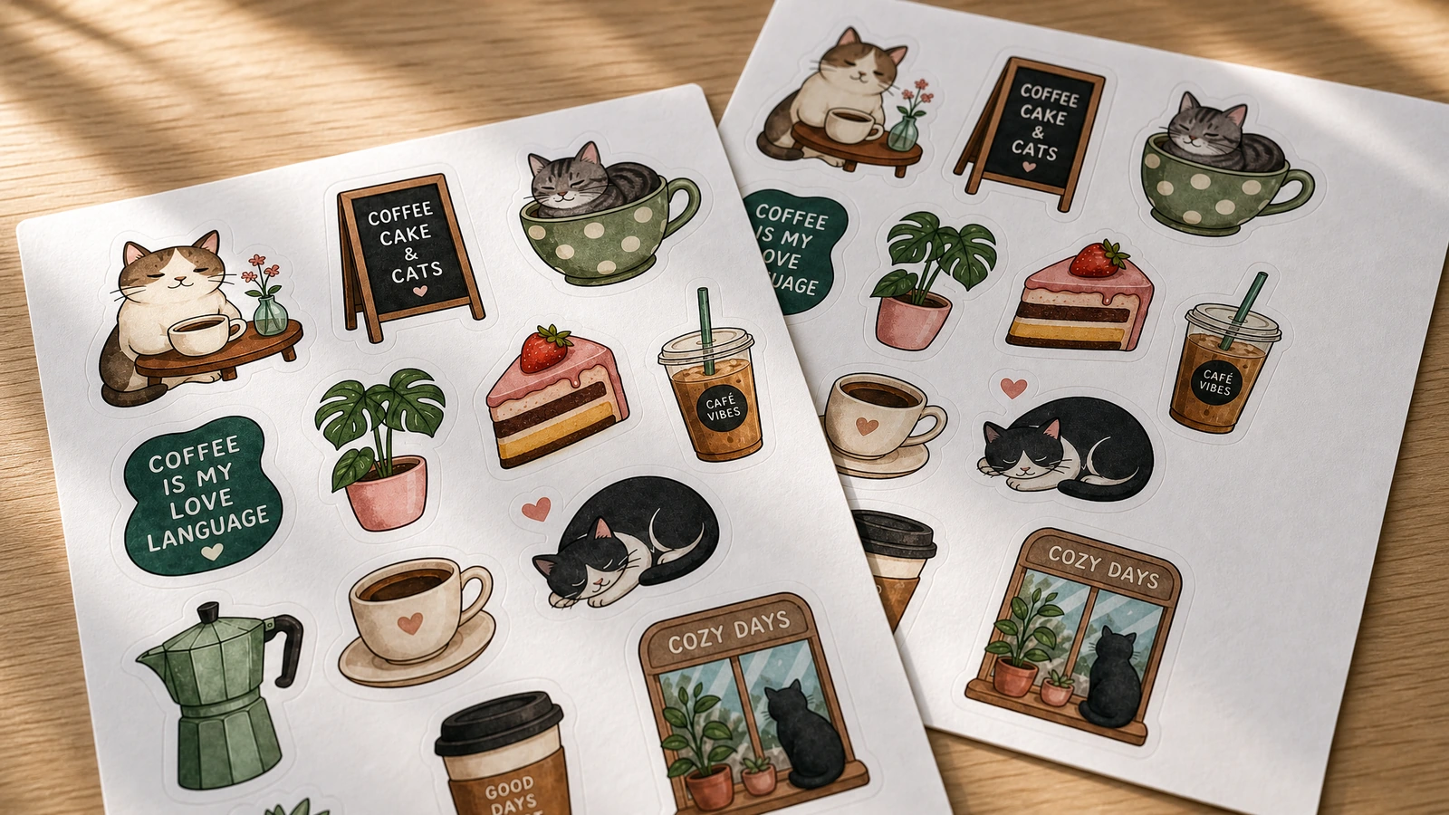 Dos hojas de pegatinas con temática de gatos y café superpuestas a la luz del sol