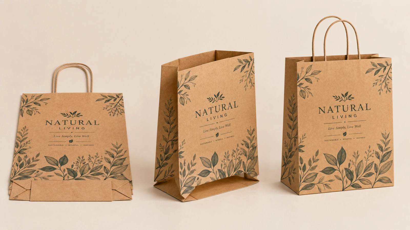 Ejemplos de montaje de bolsas de papel marrón Bolsa de papel marrón con estampado de hojas, mostrada plana, como cuerpo abierto y con asas retorcidas