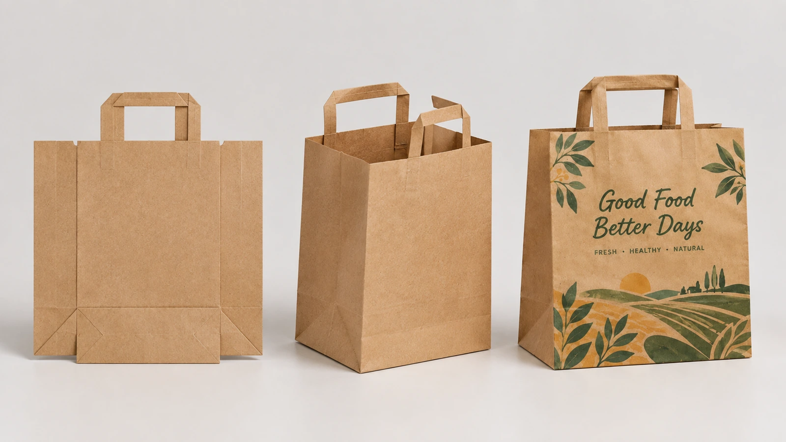 Pieza plana cortada, pieza formada y bolsa de papel de asas planas impresa, mostradas en secuencia
