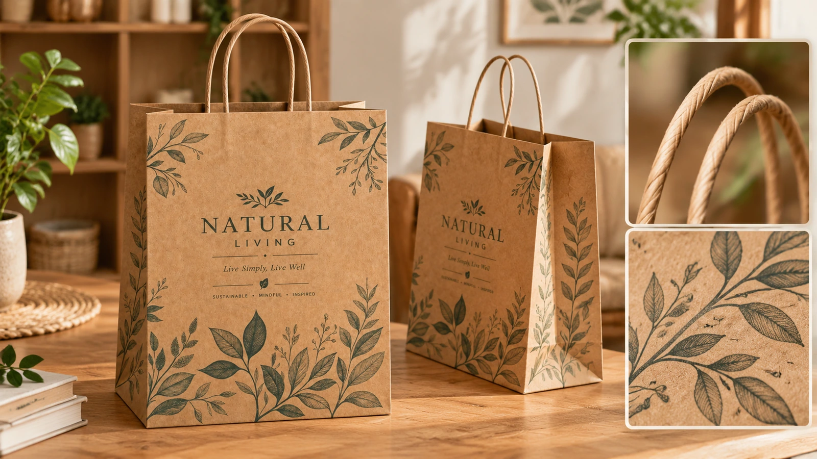 Bolsas de papel marrón con estampado de hojas y detalles de las asas Dos bolsas de papel marrón con estampado de hojas, con vistas interiores de las asas retorcidas y de la superficie impresa