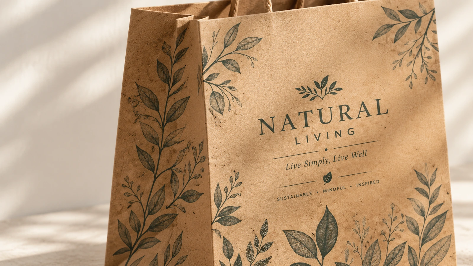 Bolsa de papel marrón con estampado de hojas Primer plano de una bolsa de papel marrón impresa con hojas y el texto NATURAL LIVING