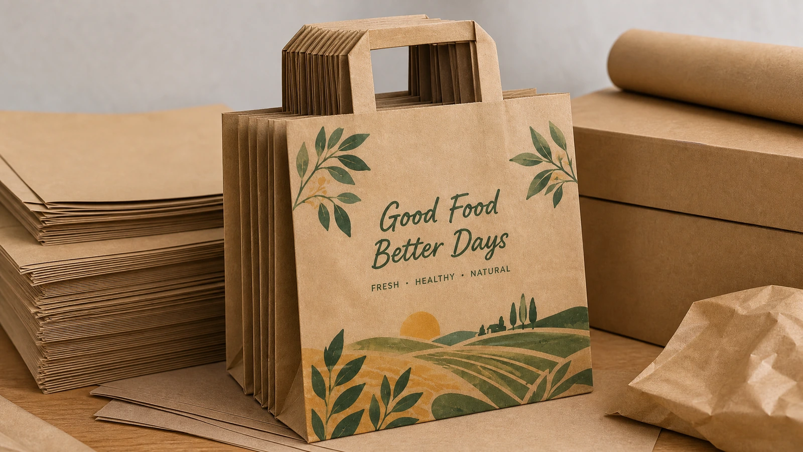 Bolsas de papel con asas planas y cajas de embalaje Bolsas de papel marrón con asas planas y gráficos Good Food Better Days junto a cajas de embalaje