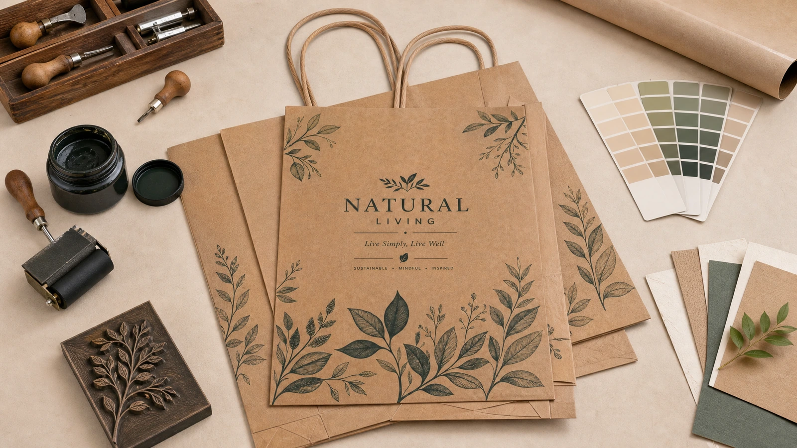 Bolsas de papel marrón con estampado de hojas y materiales de impresión Bolsas de papel marrón con estampado de hojas y asas retorcidas, herramientas de impresión y muestras de color sobre una mesa de trabajo