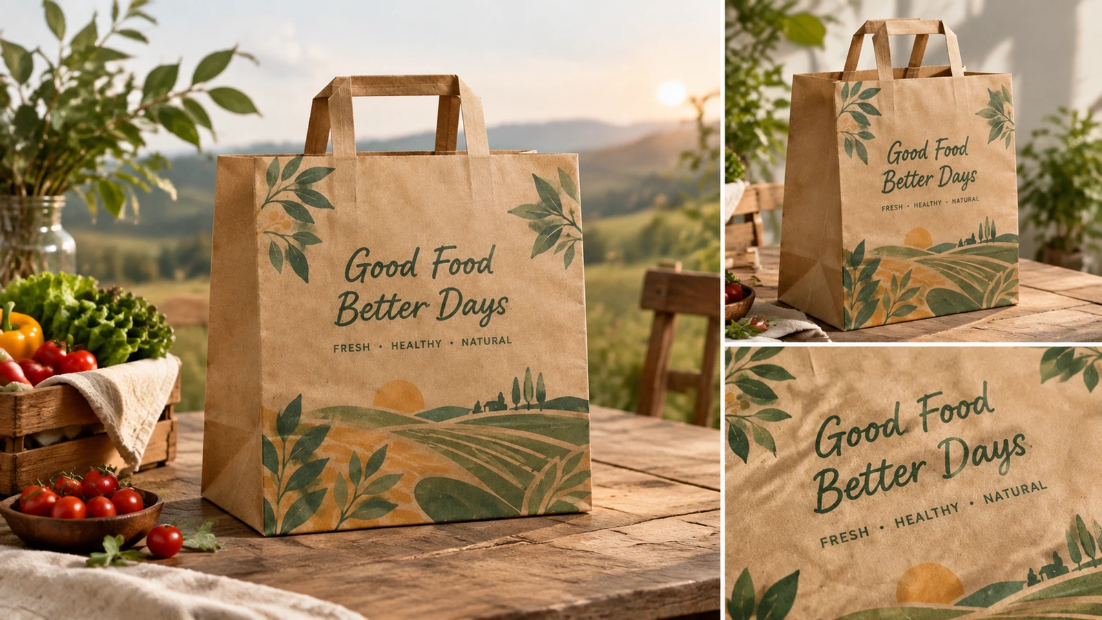 Bolsa de asas planas impresa al aire libre, con vista lateral insertada y detalle de la impresión