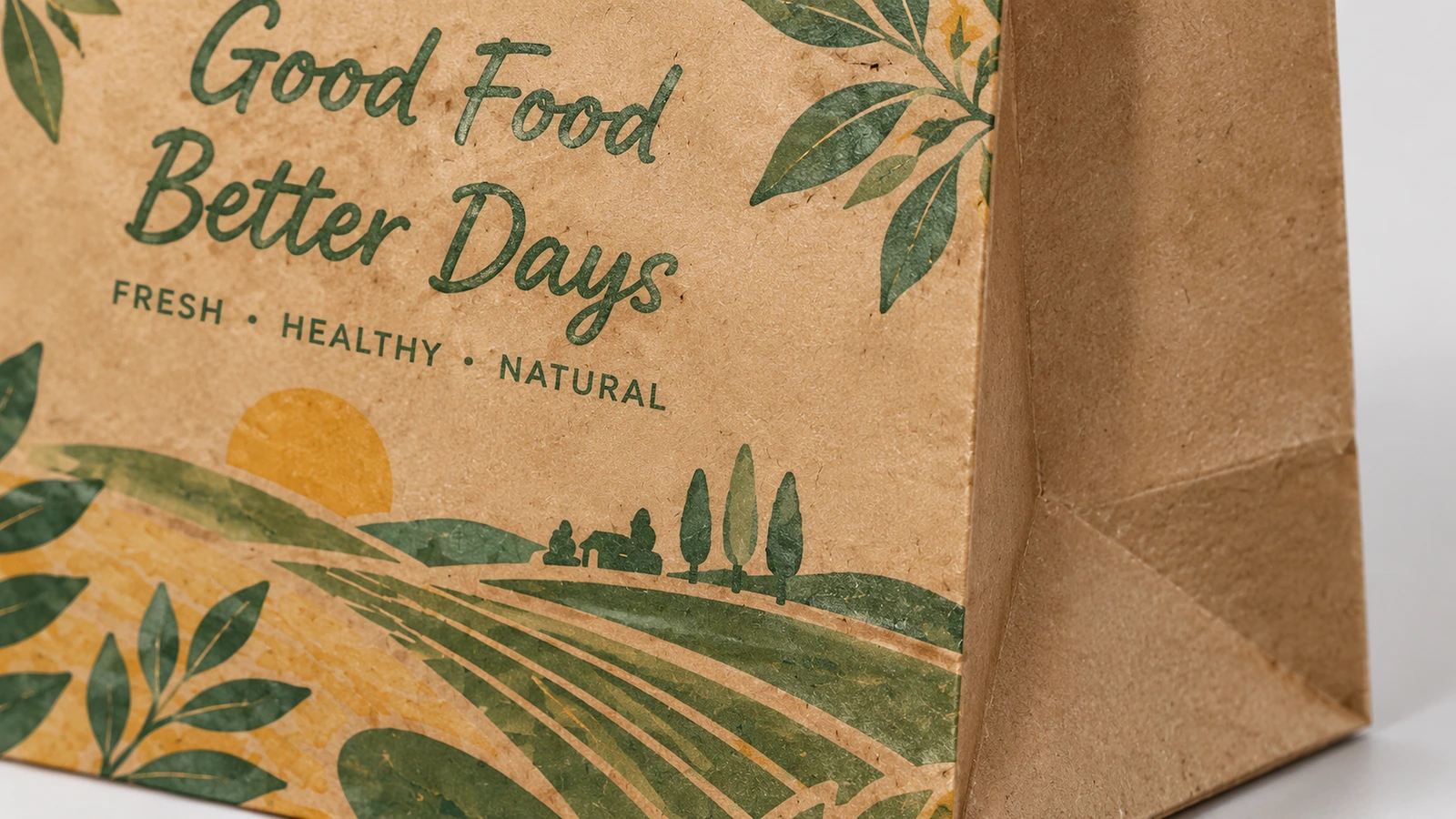 Primer plano del texto Good Food Better Days y de los gráficos de paisaje rural sobre papel marrón