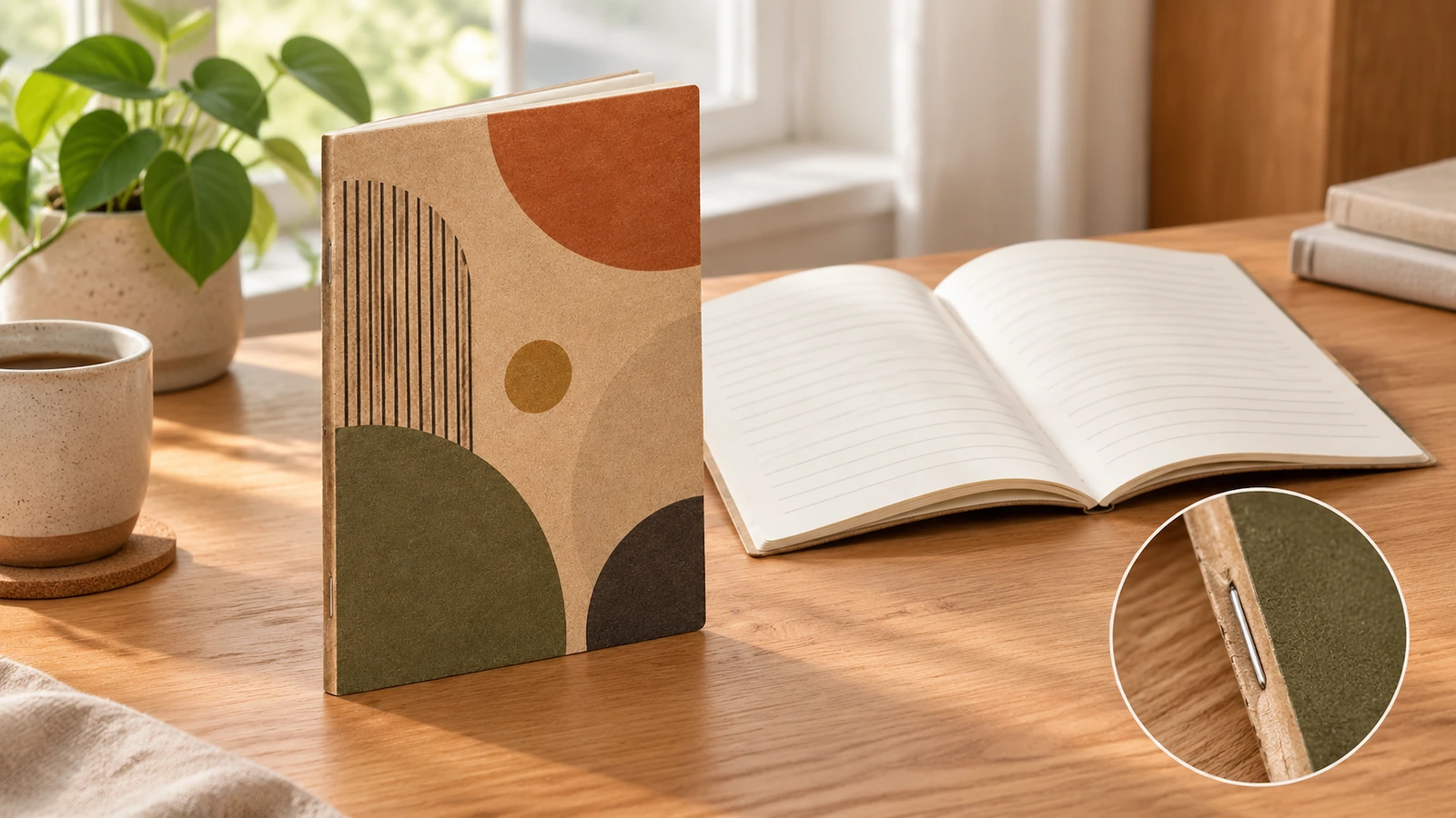 Cuaderno kraft de pie ilustrativo junto a un cuaderno rayado abierto con un recuadro de detalle de grapa