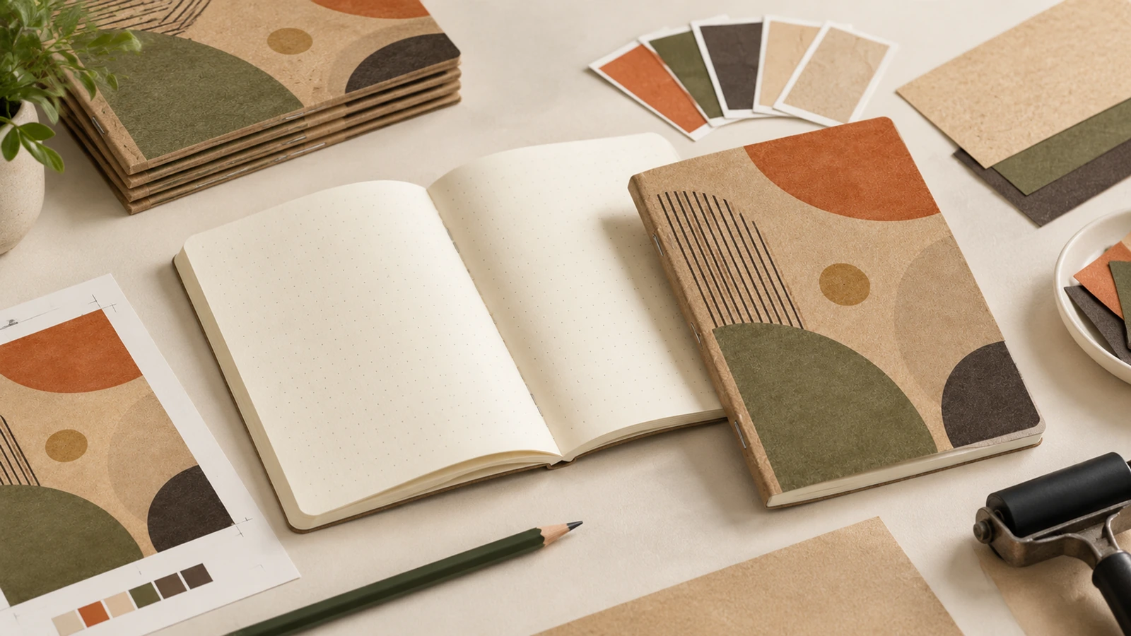 Cuaderno kraft ilustrativo con patrón geométrico y cuaderno abierto en blanco junto a referencias de arte y color