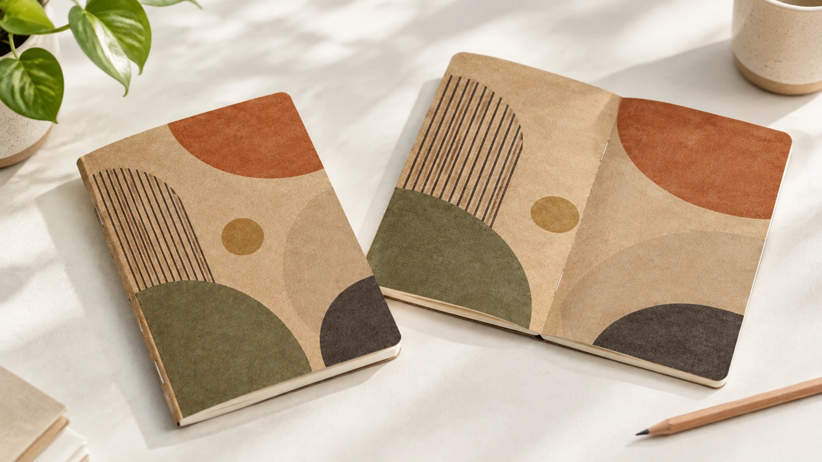 Cuaderno kraft cerrado ilustrativo junto a una portada desplegada con patrón geométrico