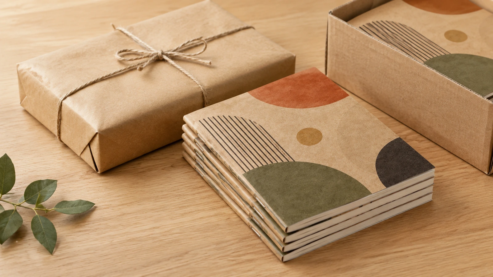 Cuadernos kraft apilados ilustrativos junto a un paquete envuelto en papel y una caja de cartón abierta