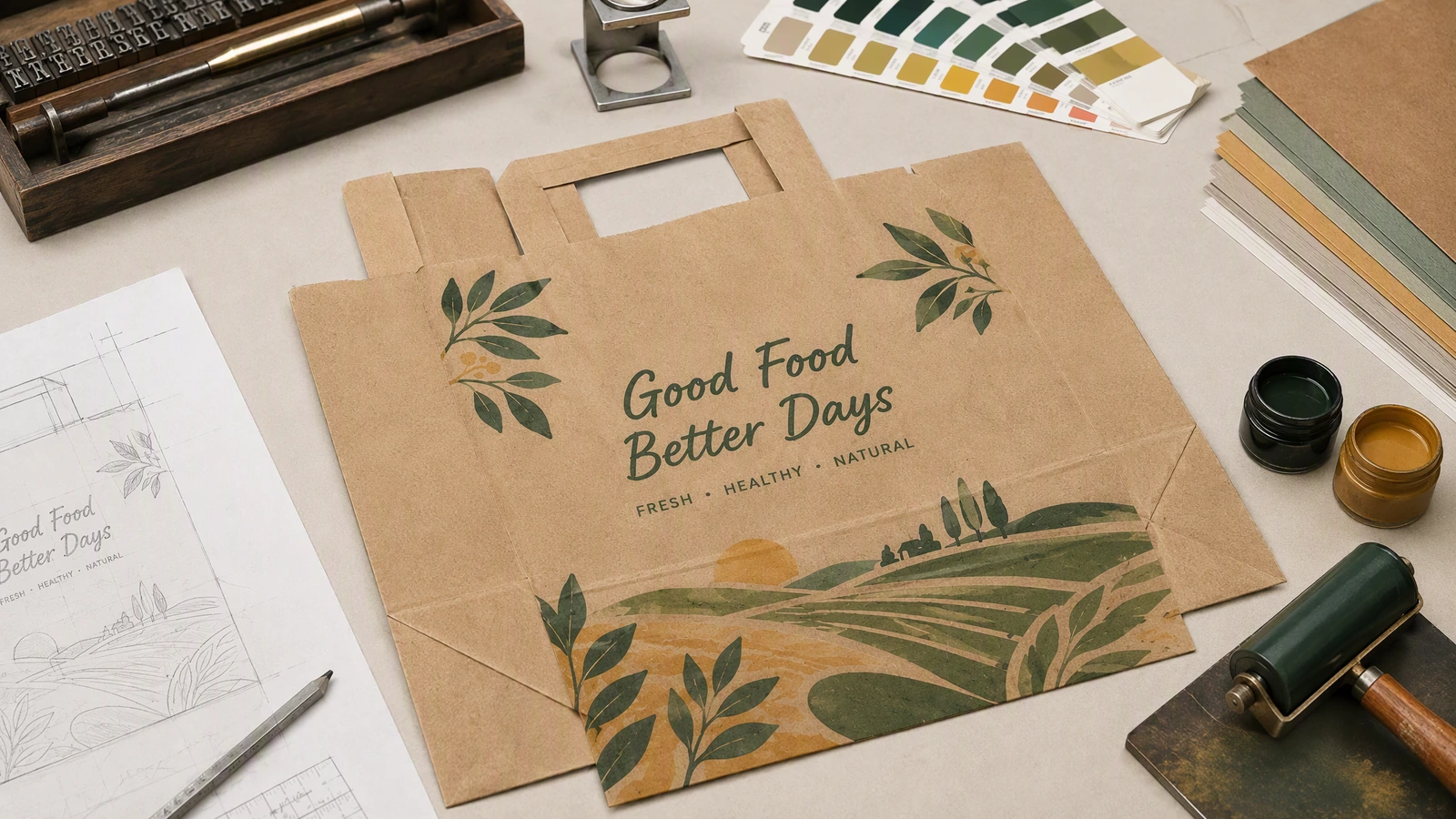 Bolsa de papel marrón plana con la obra gráfica Good Food Better Days junto a un dibujo, tintas y muestras de color