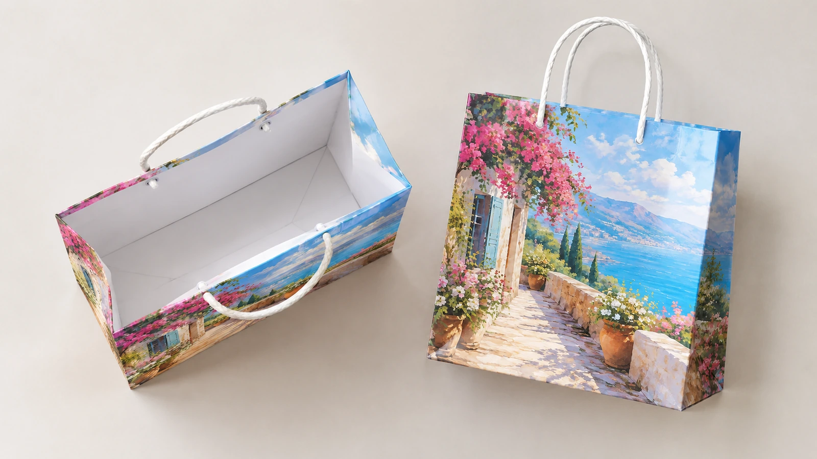 Vistas abierta y vertical de una bolsa de papel con paisaje costero estampado y asas de cuerda blanca
