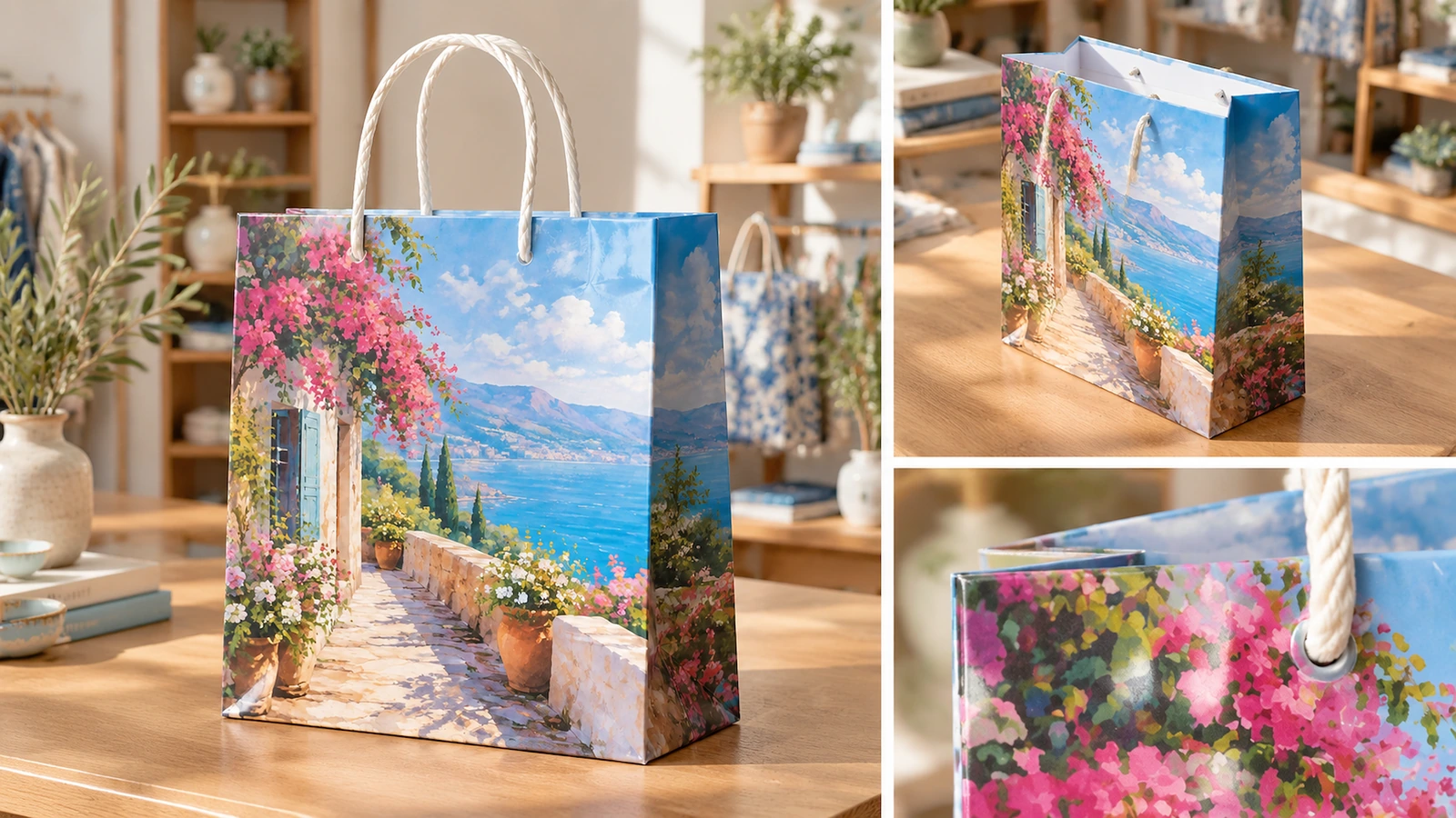 Bolsa de compra con paisaje costero estampado, con vistas de detalle del lateral interior y del asa