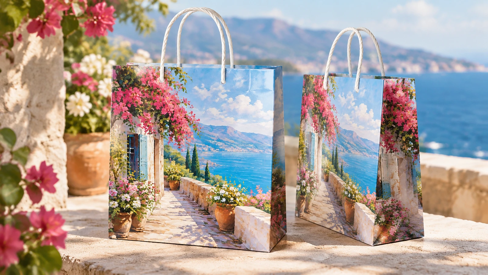 Dos bolsas de compra con paisaje costero estampado expuestas en una terraza