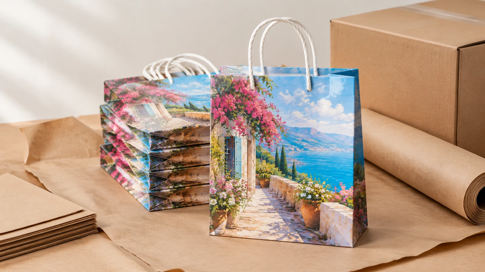Bolsa de compra impresa y bolsas planas apiladas junto a una caja de cartón y papel de embalaje