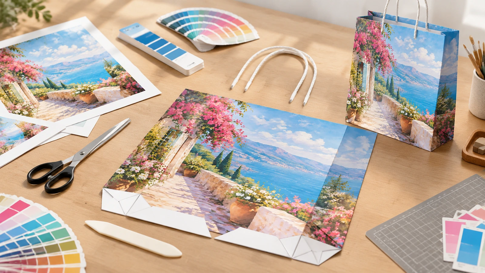 Bolsa de papel con paisaje costero estampado y componentes impresos desplegados con asas, muestras de color y herramientas de corte