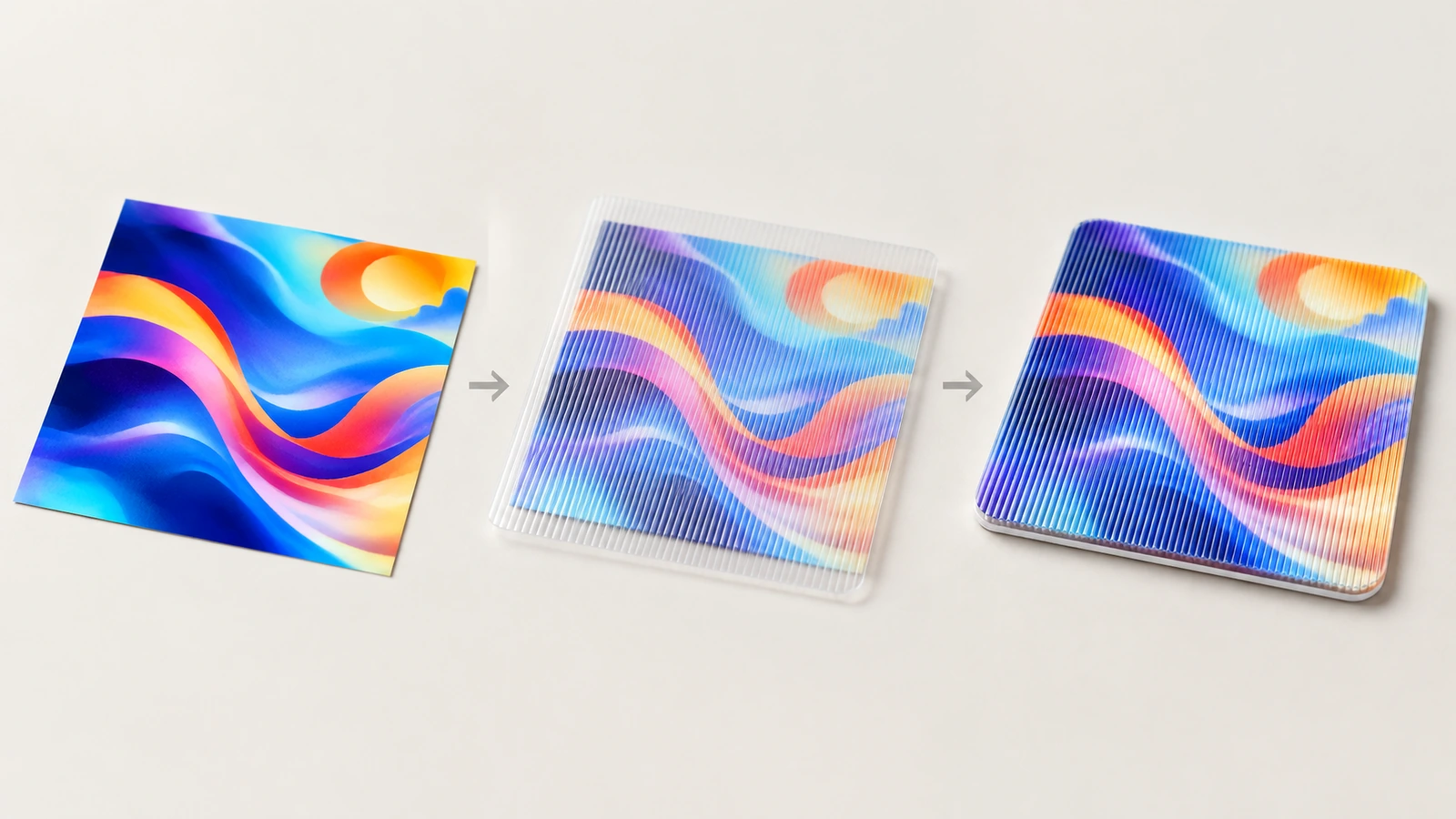 Ilustración del arte lenticular y de la capa de lente Ilustración en tres pasos que muestra arte de ondas de colores, una capa transparente con estrías y una muestra lenticular terminada