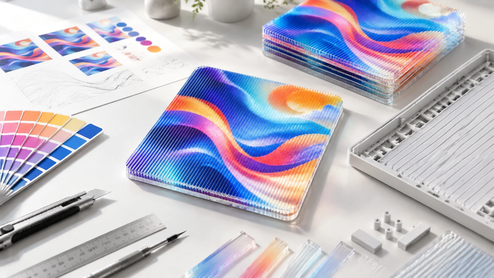 Muestras lenticulares sobre una mesa de diseño Muestras lenticulares cuadradas de colores junto a muestrarios, reglas y láminas de lente sobre una mesa de diseño
