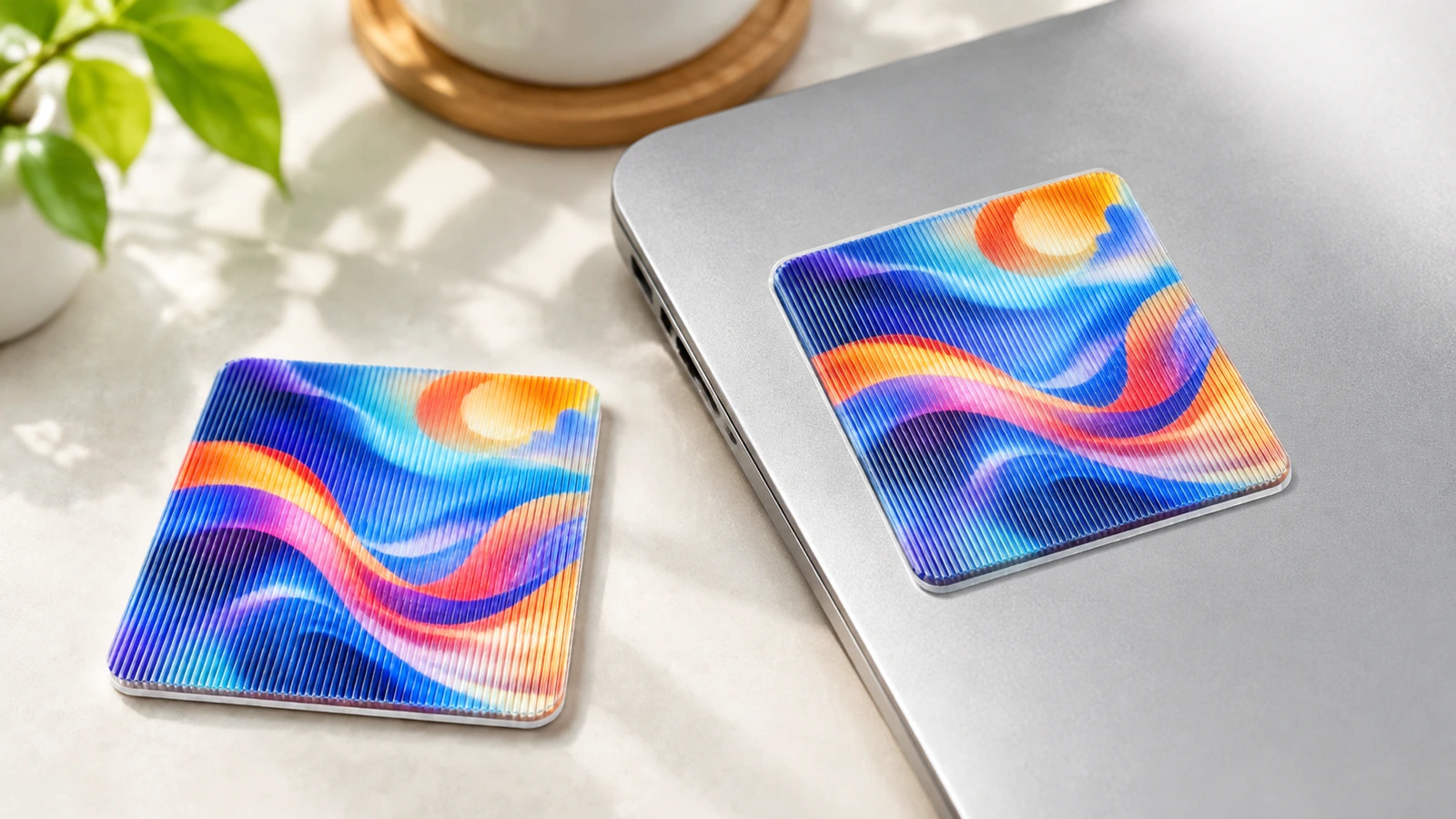 Muestras lenticulares junto a un portátil Muestras lenticulares cuadradas de colores sobre una mesa y un portátil cerrado