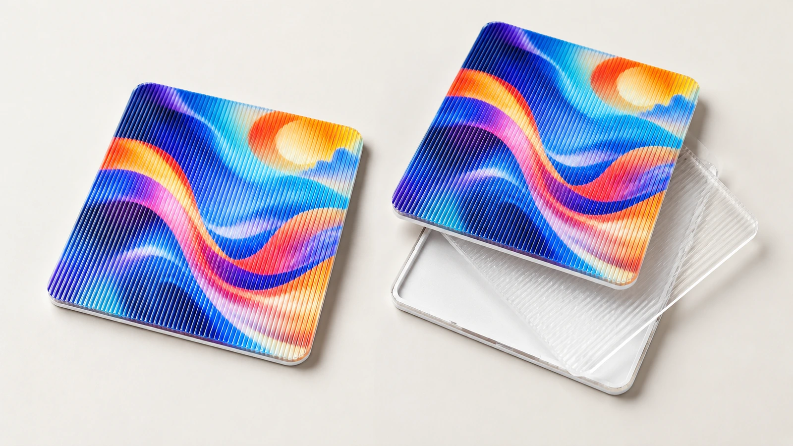 Capas de muestras lenticulares cuadradas Dos muestras lenticulares cuadradas con arte de ondas de colores, una apoyada sobre una capa transparente con estrías