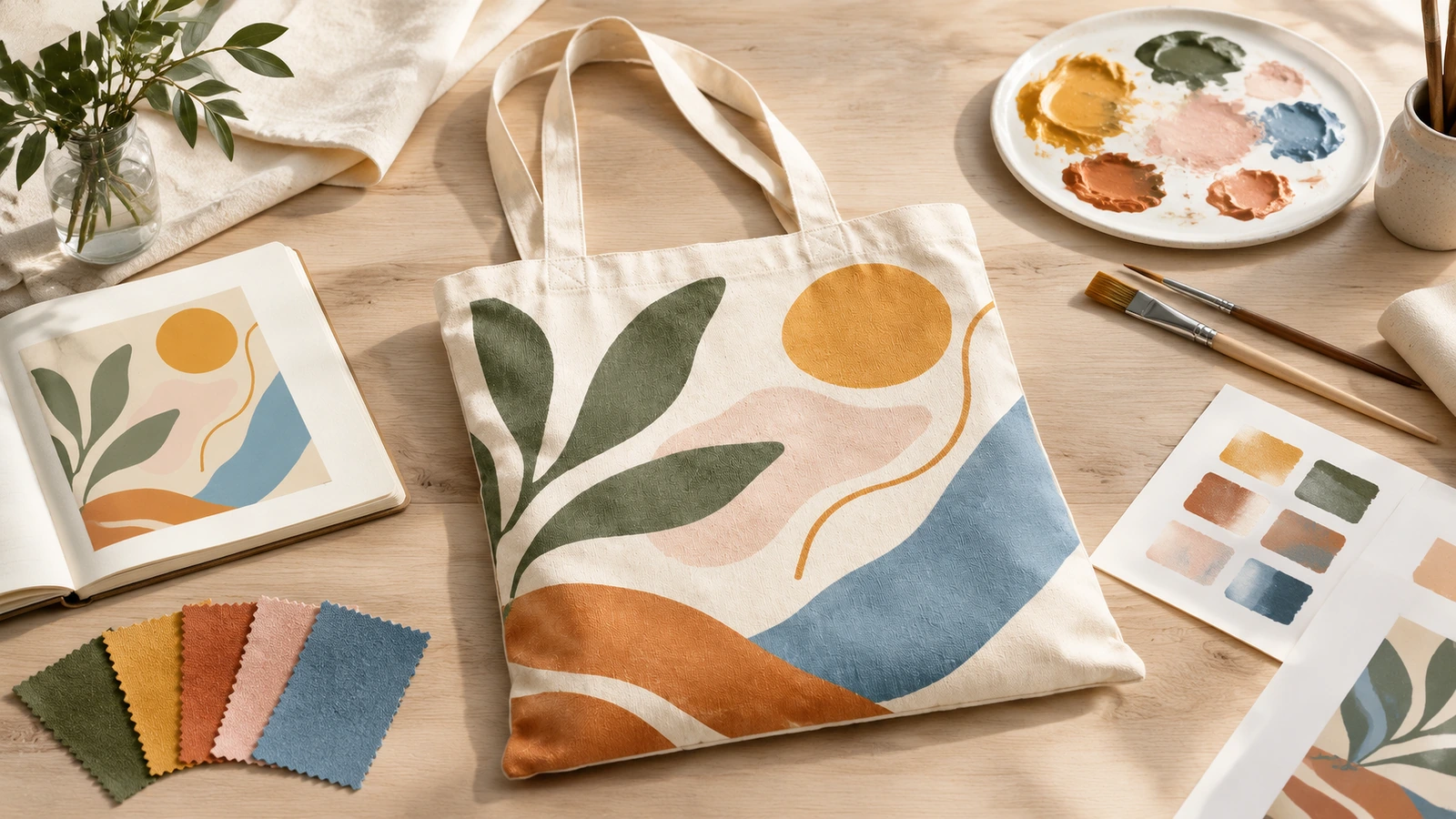 Bolsa tote de algodón estampada con un diseño de hoja y un motivo abstracto, junto a pinturas, muestrarios de tela y un cuaderno de bocetos abierto