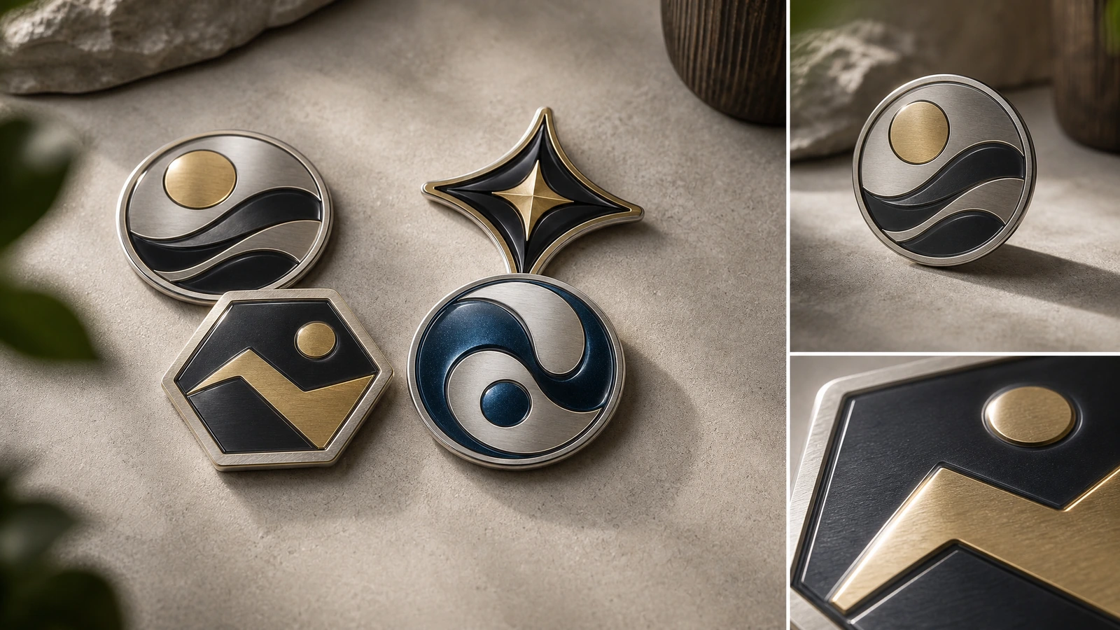 Collage de diseños de emblemas redondos, hexagonales y de cuatro puntas con vistas de detalle