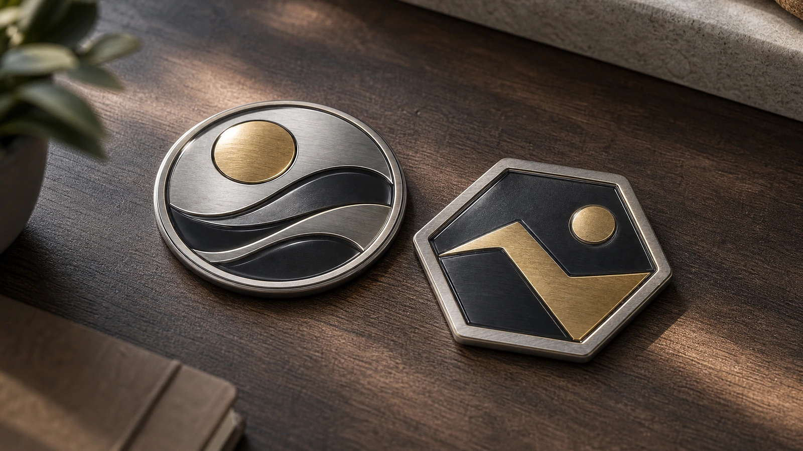 Emblema redondo de ondas y emblema hexagonal en negro y dorado sobre un estante de madera