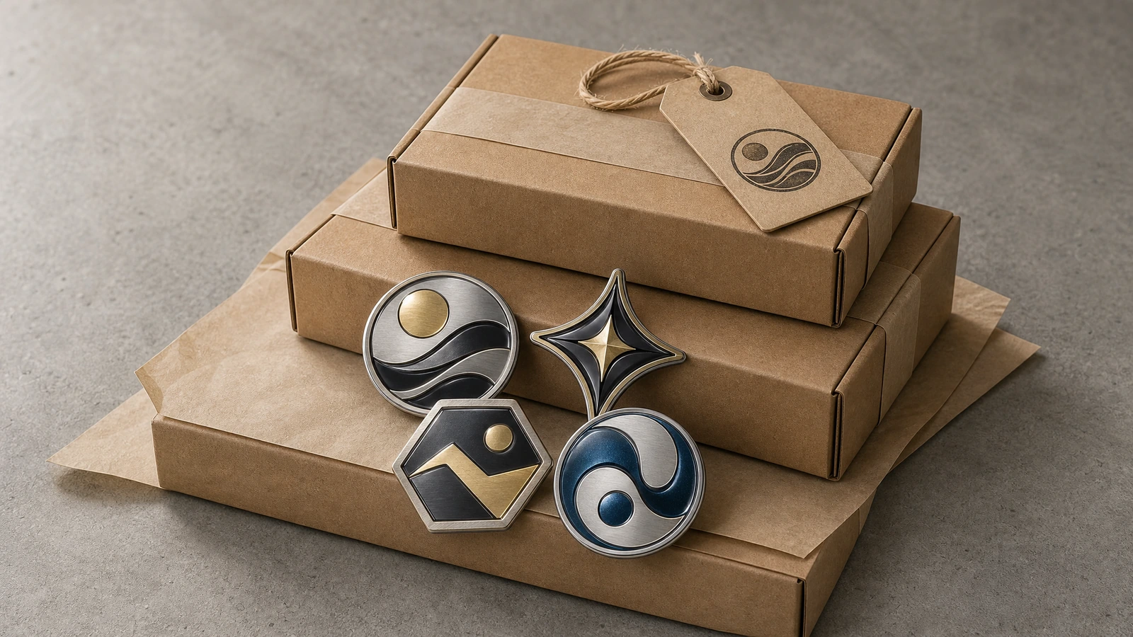 Cuatro emblemas decorativos expuestos delante de cajas de cartón kraft apiladas con una etiqueta atada