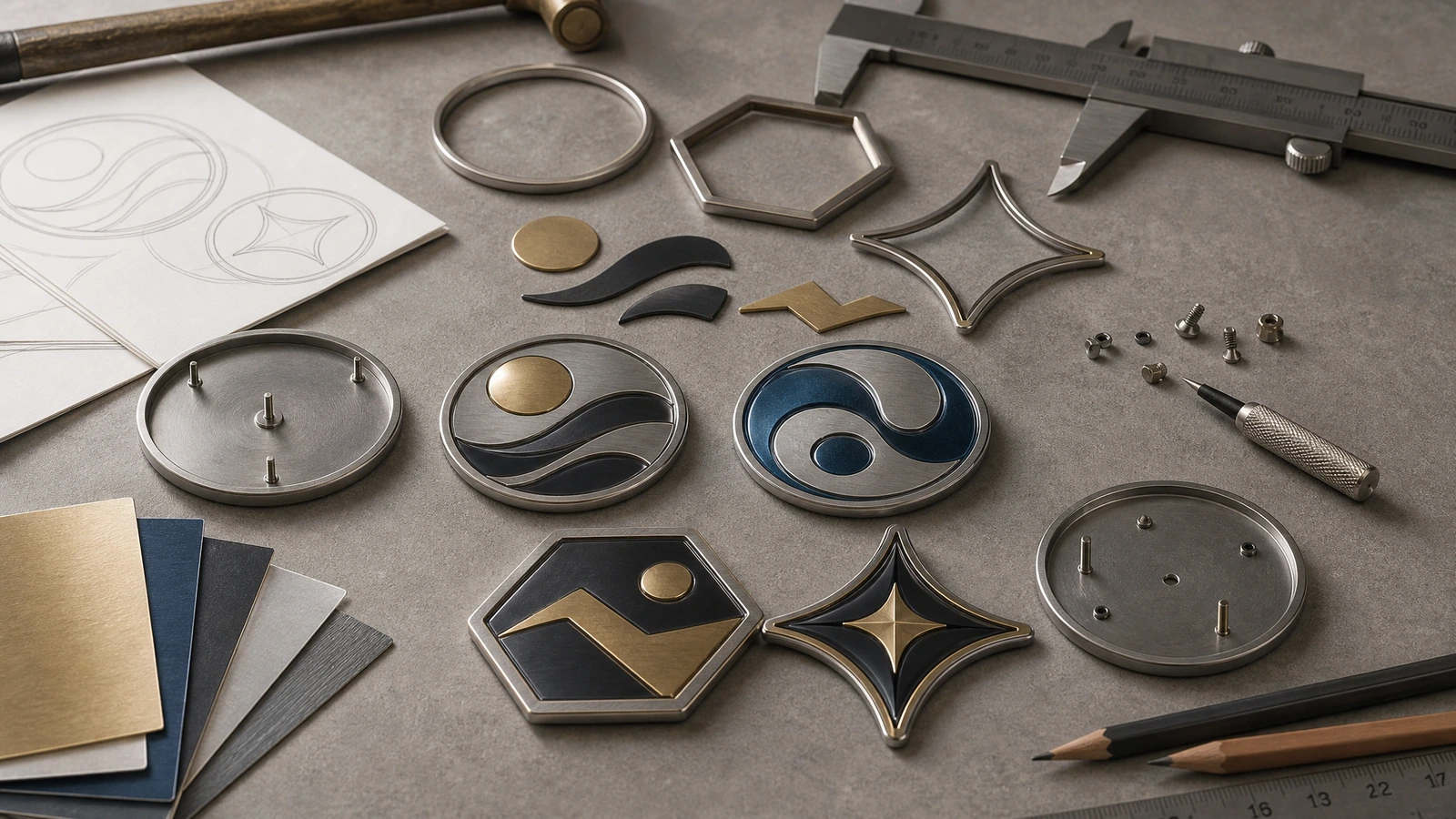 Diseños de emblemas redondos, hexagonales y de cuatro puntas con aspecto metálico, dispuestos con bocetos, herramientas y muestras de color